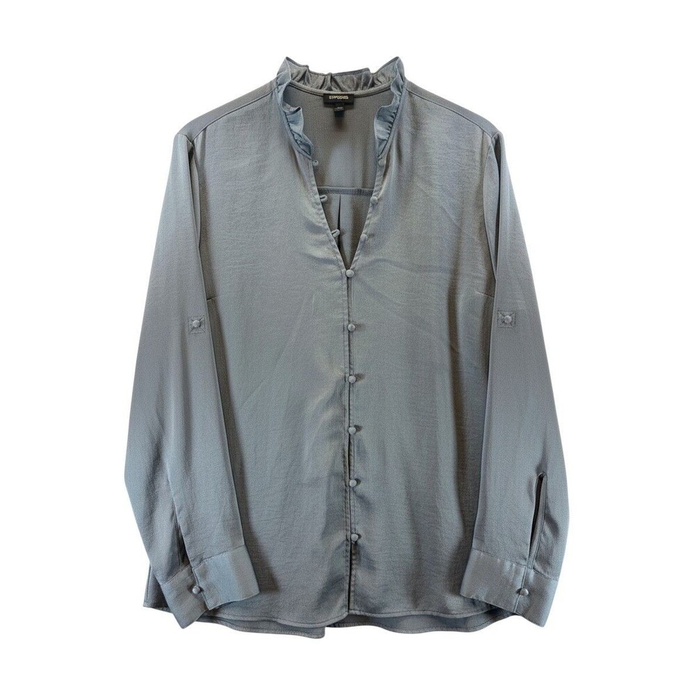 Express Blouse Womens XL Gray Ruffle Neck Roll Tab Long Sleeve Button